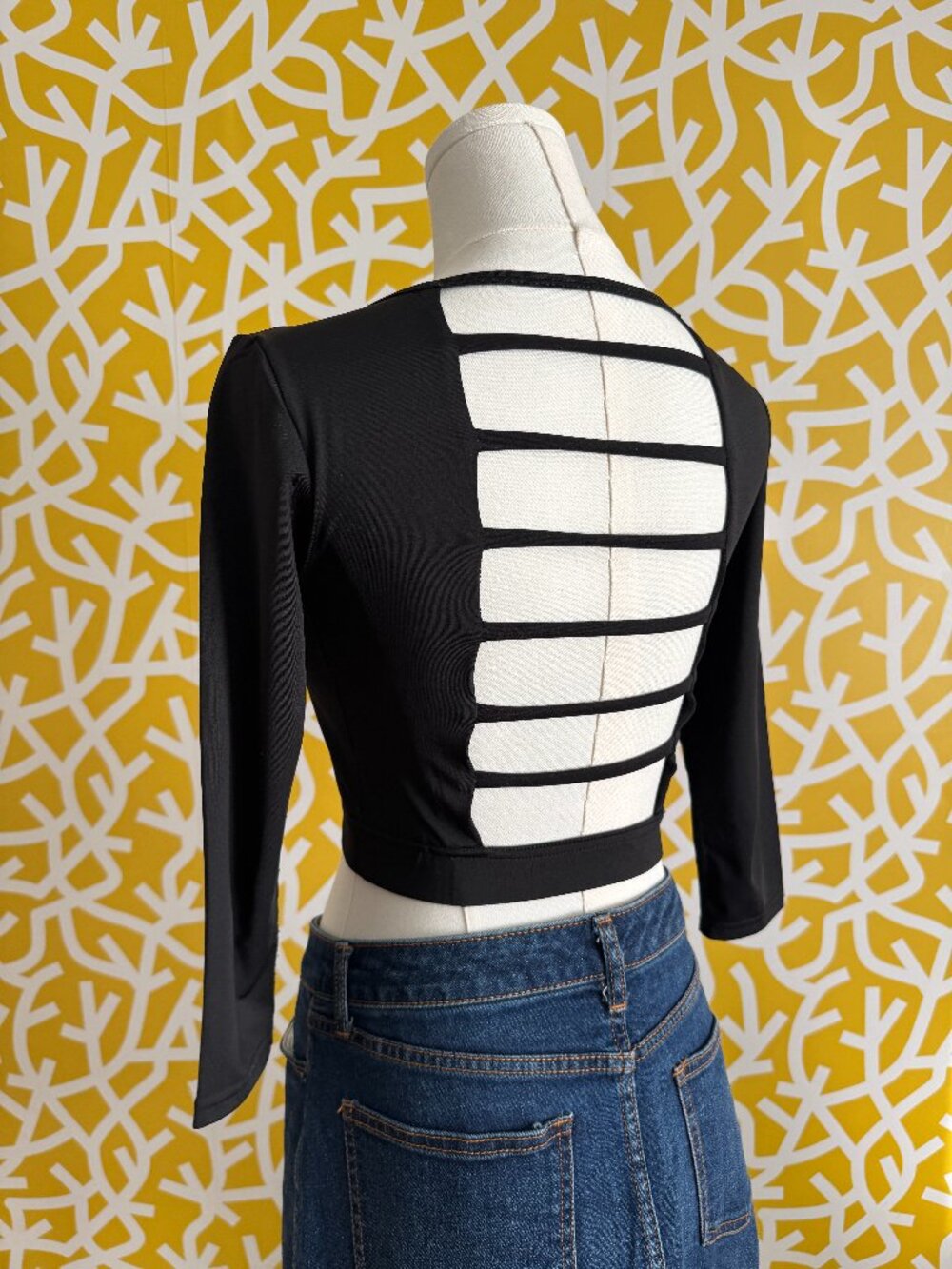 3/4 Sleeve Black Swim Festival Crop Top with Striped Open Back - XS/S